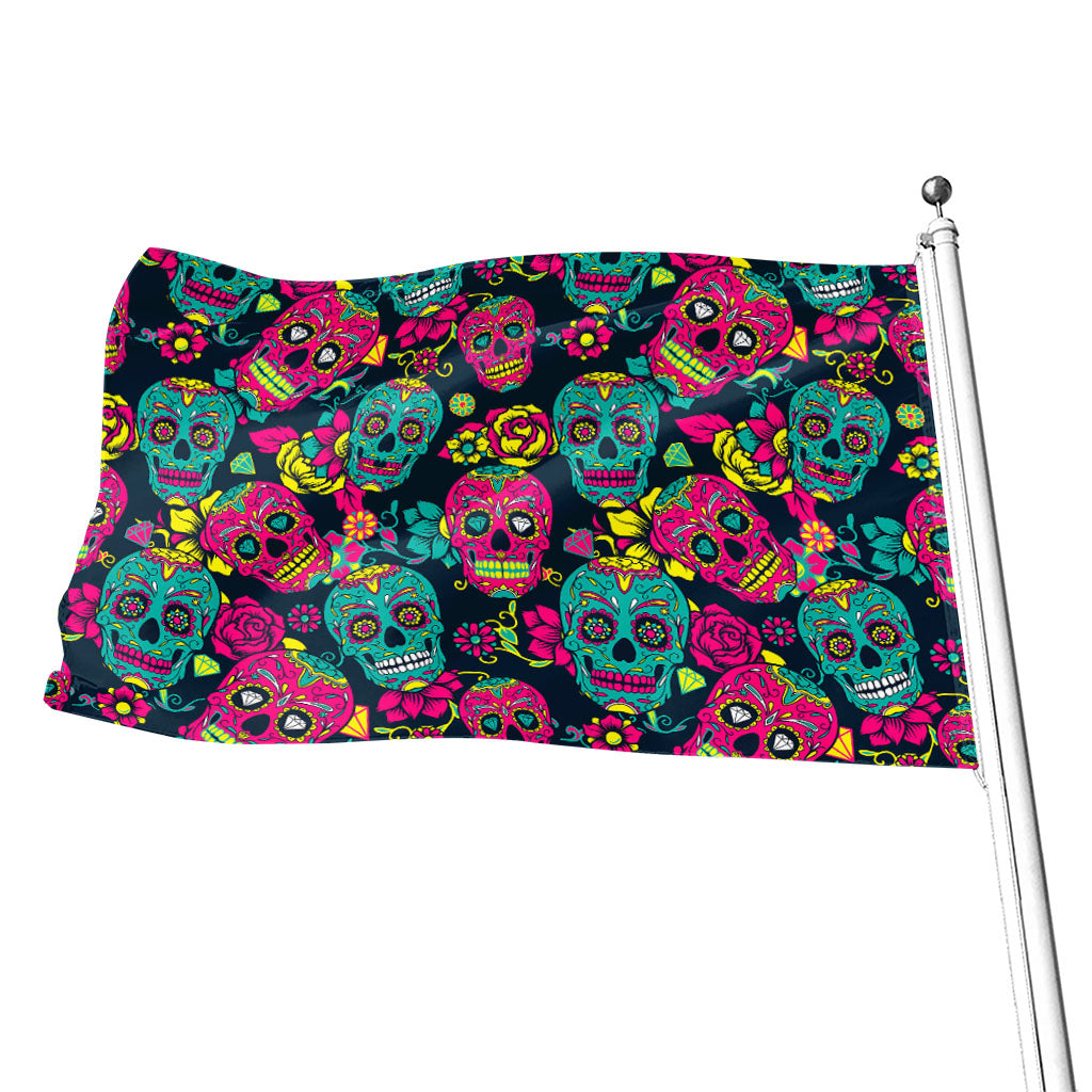 Teal Pink Sugar Skull Pattern Print Flag