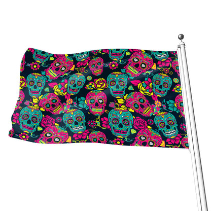 Teal Pink Sugar Skull Pattern Print Flag