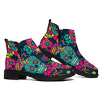 Teal Pink Sugar Skull Pattern Print Flat Ankle Boots