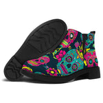 Teal Pink Sugar Skull Pattern Print Flat Ankle Boots