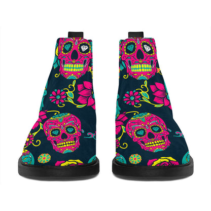 Teal Pink Sugar Skull Pattern Print Flat Ankle Boots