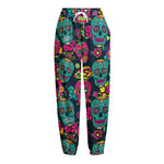 Teal Pink Sugar Skull Pattern Print Fleece Lined Knit Pants