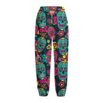 Teal Pink Sugar Skull Pattern Print Fleece Lined Knit Pants