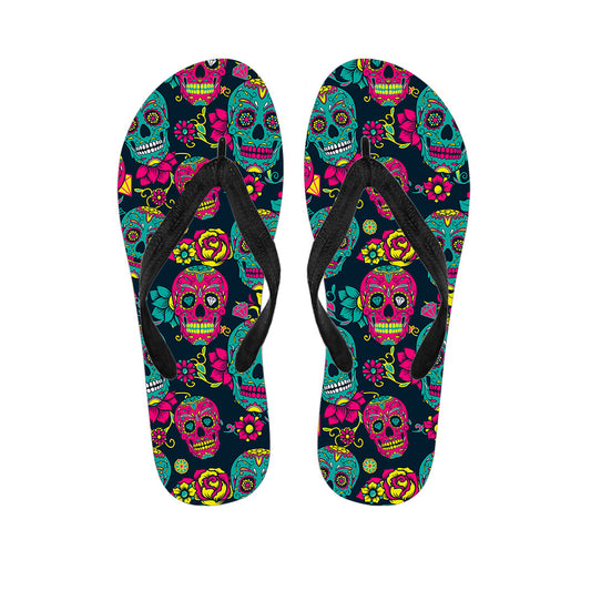 Teal Pink Sugar Skull Pattern Print Flip Flops