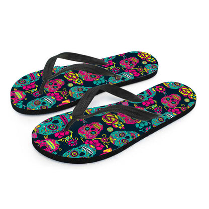 Teal Pink Sugar Skull Pattern Print Flip Flops