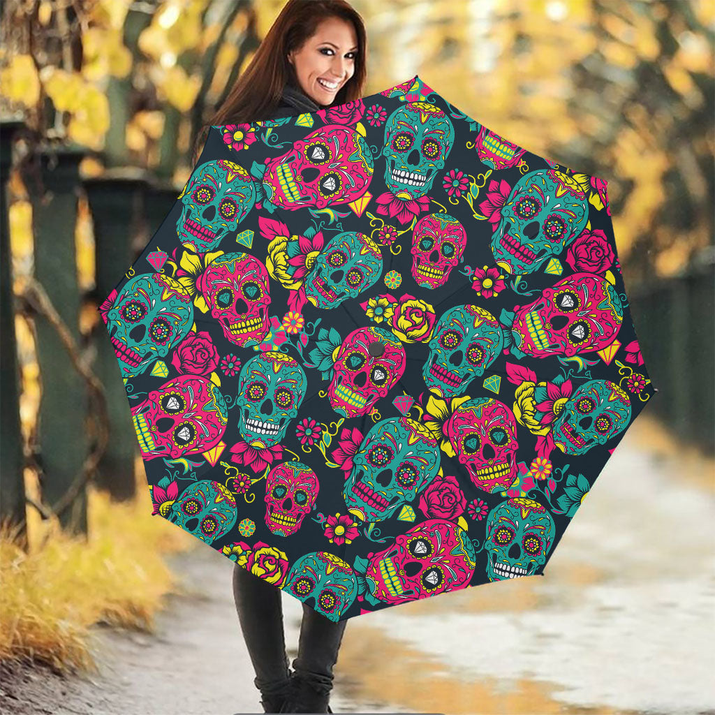 Teal Pink Sugar Skull Pattern Print Foldable Umbrella