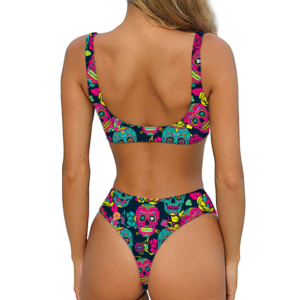Teal Pink Sugar Skull Pattern Print Front Bow Tie Bikini