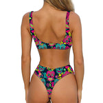 Teal Pink Sugar Skull Pattern Print Front Bow Tie Bikini