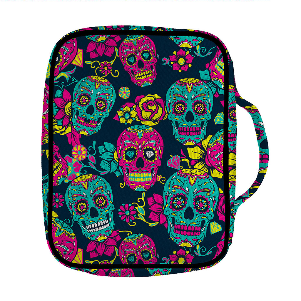 Teal Pink Sugar Skull Pattern Print Front Pocket Bible Bag
