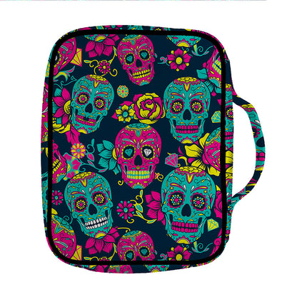 Teal Pink Sugar Skull Pattern Print Front Pocket Bible Bag