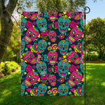 Teal Pink Sugar Skull Pattern Print Garden Flag