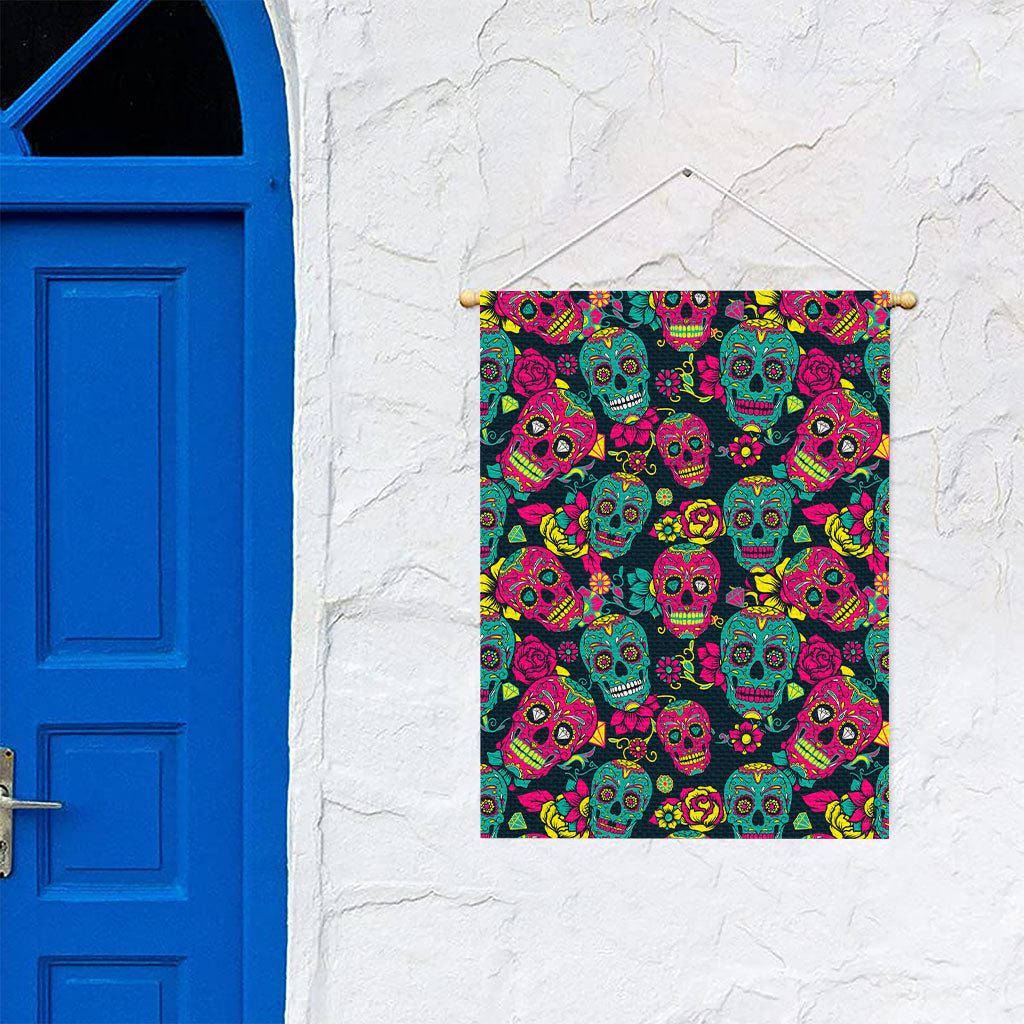 Teal Pink Sugar Skull Pattern Print Garden Flag