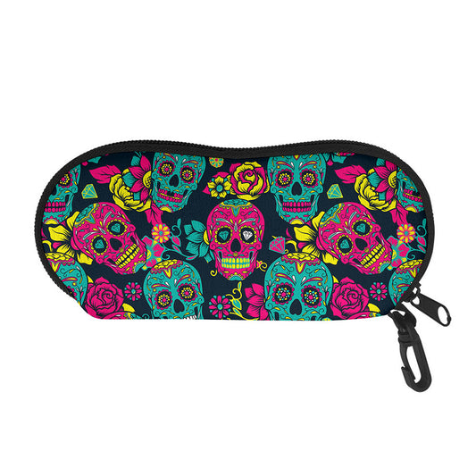 Teal Pink Sugar Skull Pattern Print Glasses Case