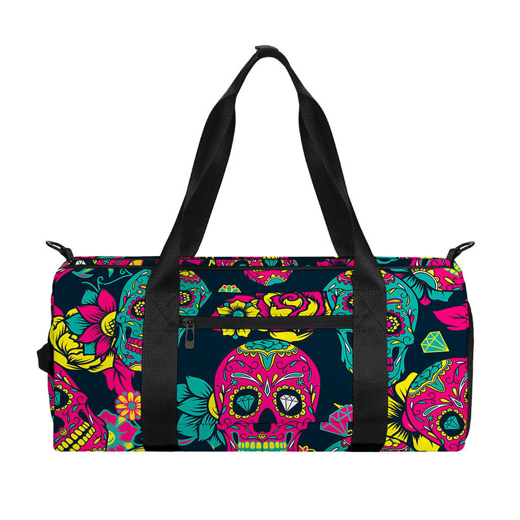 Teal Pink Sugar Skull Pattern Print Gym Bag
