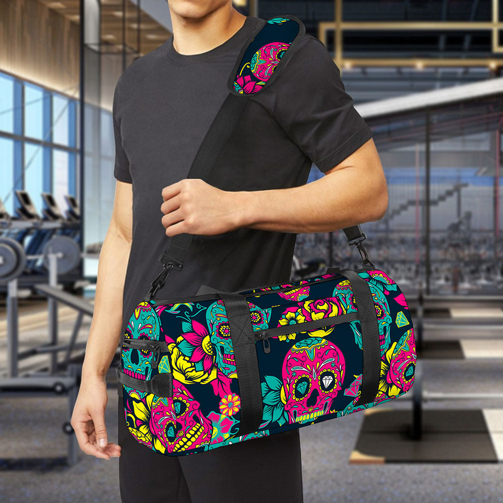 Teal Pink Sugar Skull Pattern Print Gym Bag