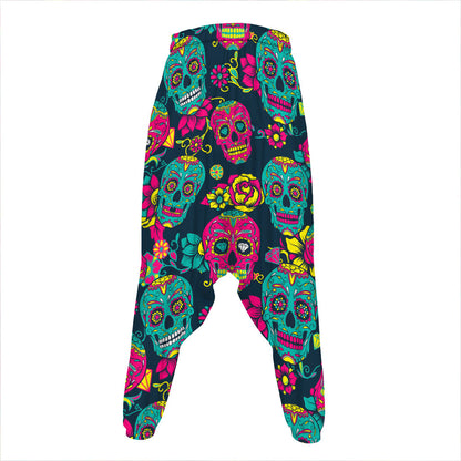 Teal Pink Sugar Skull Pattern Print Hammer Pants