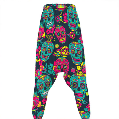 Teal Pink Sugar Skull Pattern Print Hammer Pants