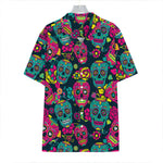 Teal Pink Sugar Skull Pattern Print Hawaiian Shirt