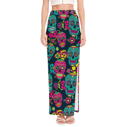 Teal Pink Sugar Skull Pattern Print High Slit Maxi Skirt