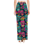 Teal Pink Sugar Skull Pattern Print High Slit Maxi Skirt