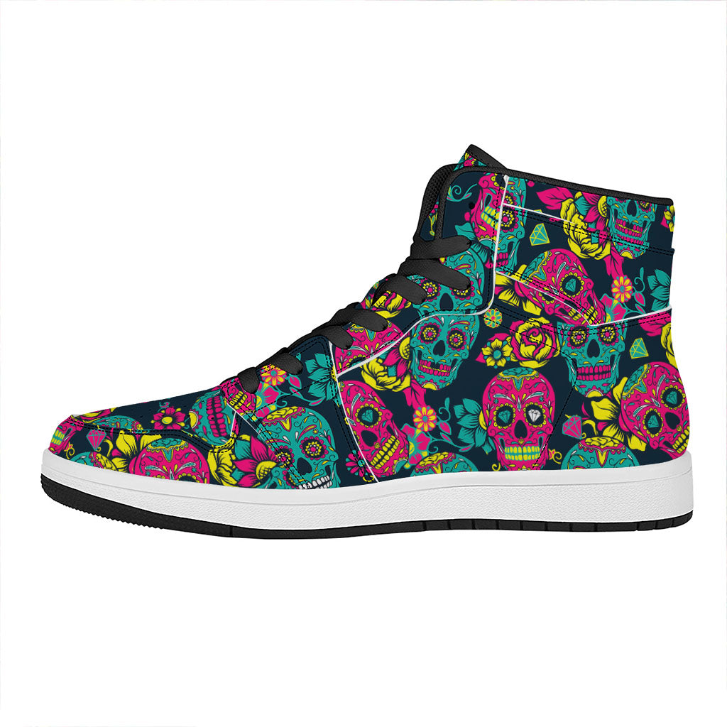 Teal Pink Sugar Skull Pattern Print High Top Leather Sneakers