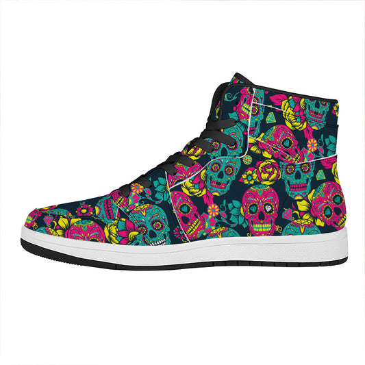 Teal Pink Sugar Skull Pattern Print High Top Leather Sneakers
