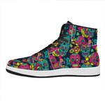 Teal Pink Sugar Skull Pattern Print High Top Leather Sneakers