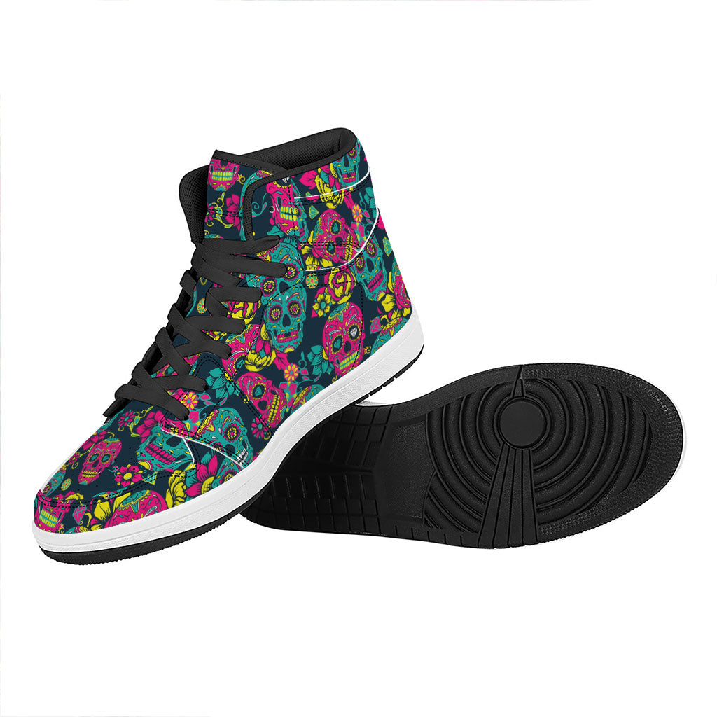 Teal Pink Sugar Skull Pattern Print High Top Leather Sneakers