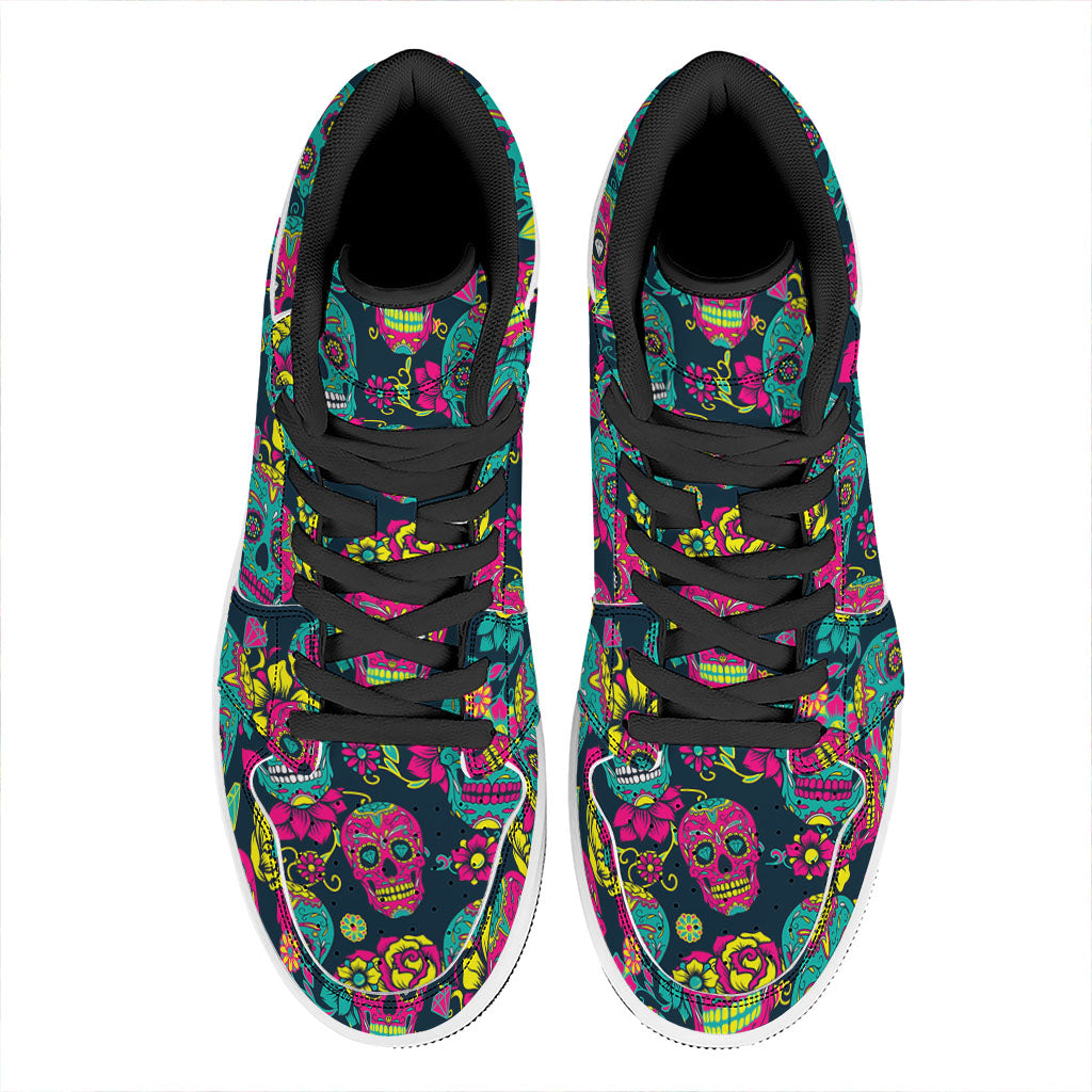 Teal Pink Sugar Skull Pattern Print High Top Leather Sneakers
