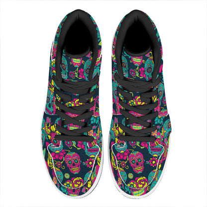 Teal Pink Sugar Skull Pattern Print High Top Leather Sneakers