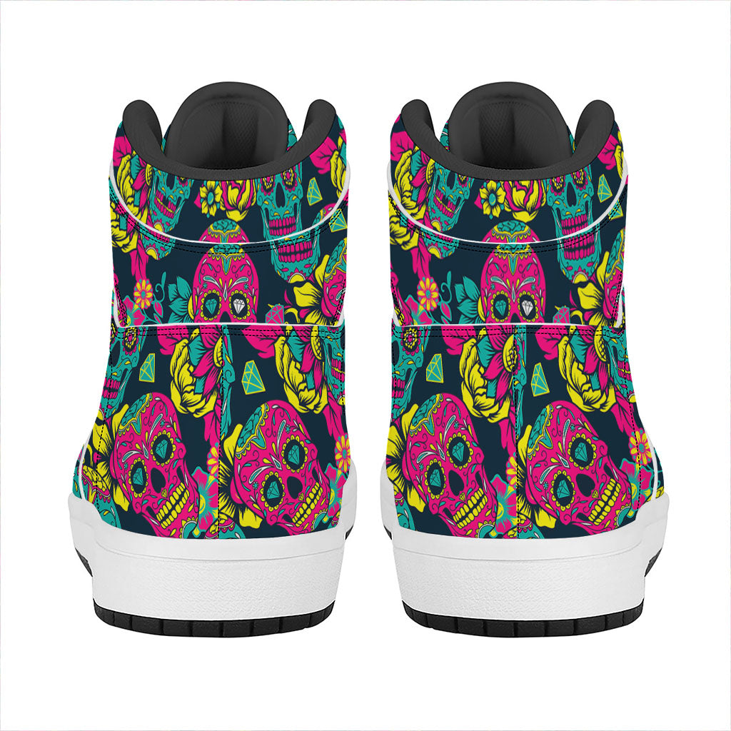 Teal Pink Sugar Skull Pattern Print High Top Leather Sneakers