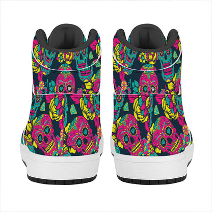 Teal Pink Sugar Skull Pattern Print High Top Leather Sneakers