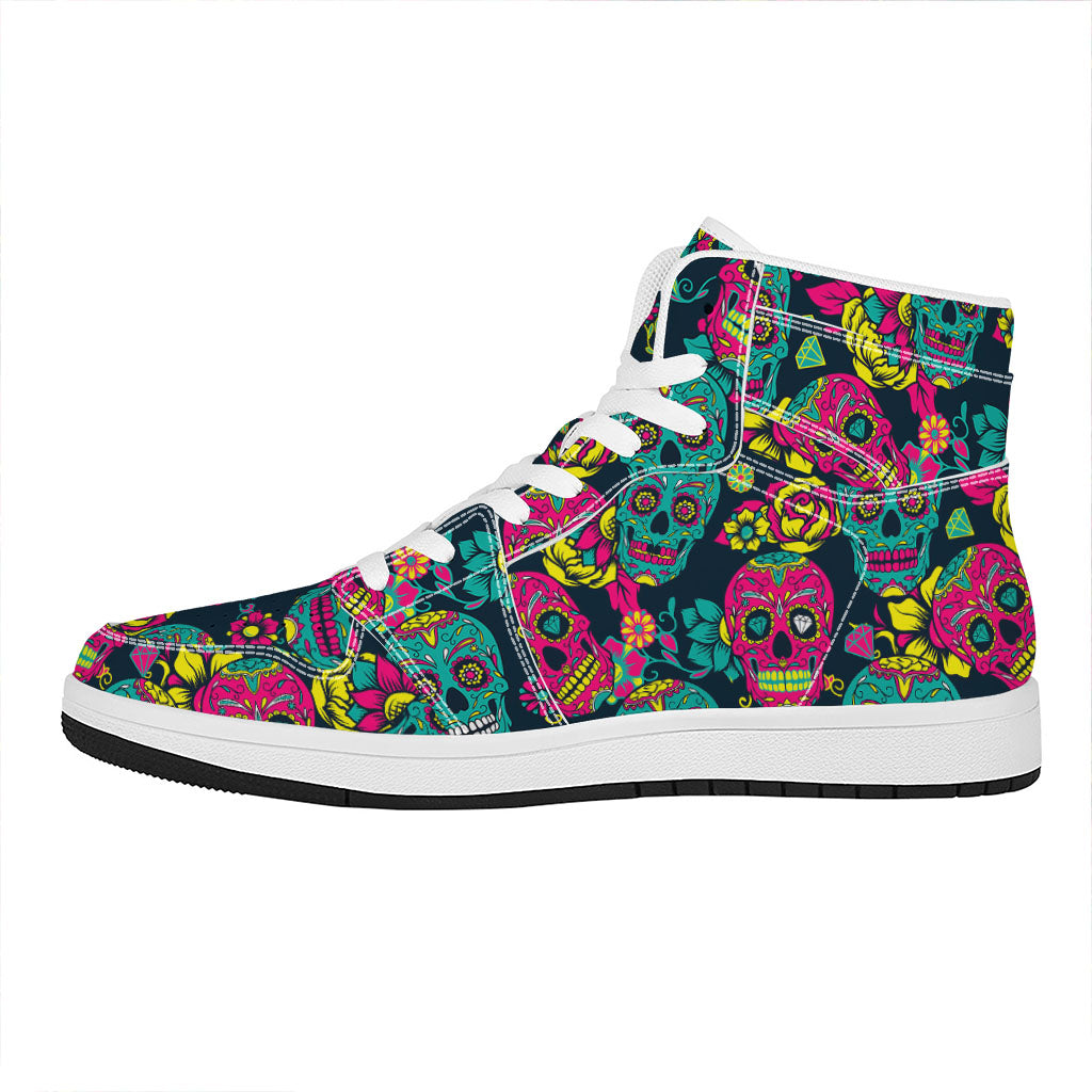 Teal Pink Sugar Skull Pattern Print High Top Leather Sneakers