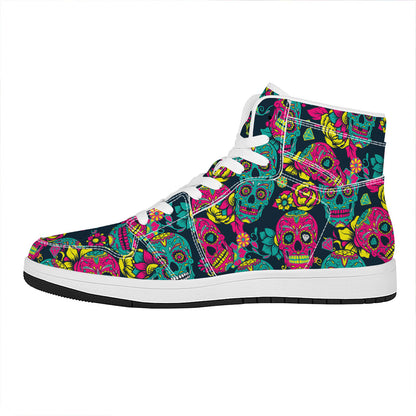 Teal Pink Sugar Skull Pattern Print High Top Leather Sneakers