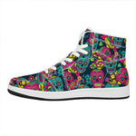 Teal Pink Sugar Skull Pattern Print High Top Leather Sneakers