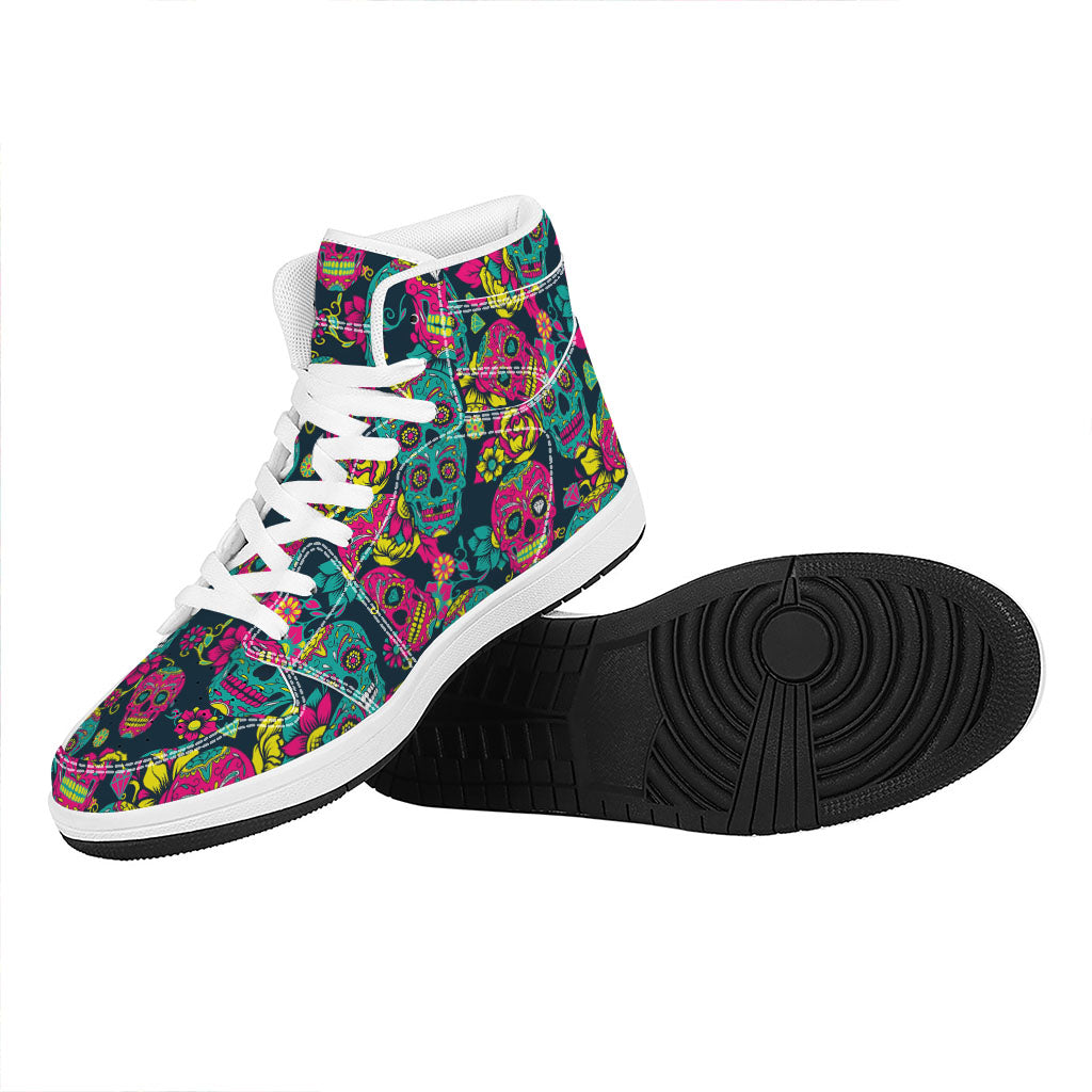Teal Pink Sugar Skull Pattern Print High Top Leather Sneakers