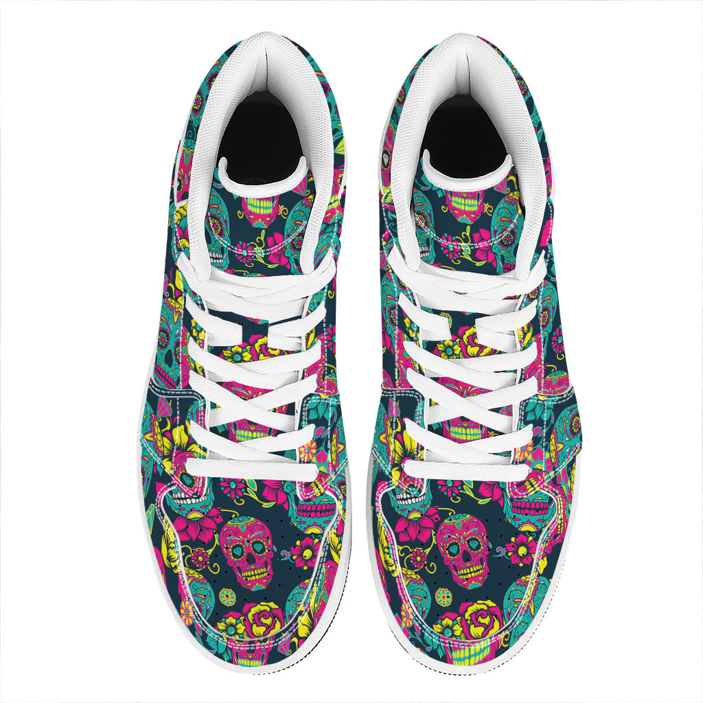 Teal Pink Sugar Skull Pattern Print High Top Leather Sneakers
