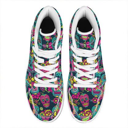 Teal Pink Sugar Skull Pattern Print High Top Leather Sneakers