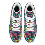 Teal Pink Sugar Skull Pattern Print High Top Leather Sneakers