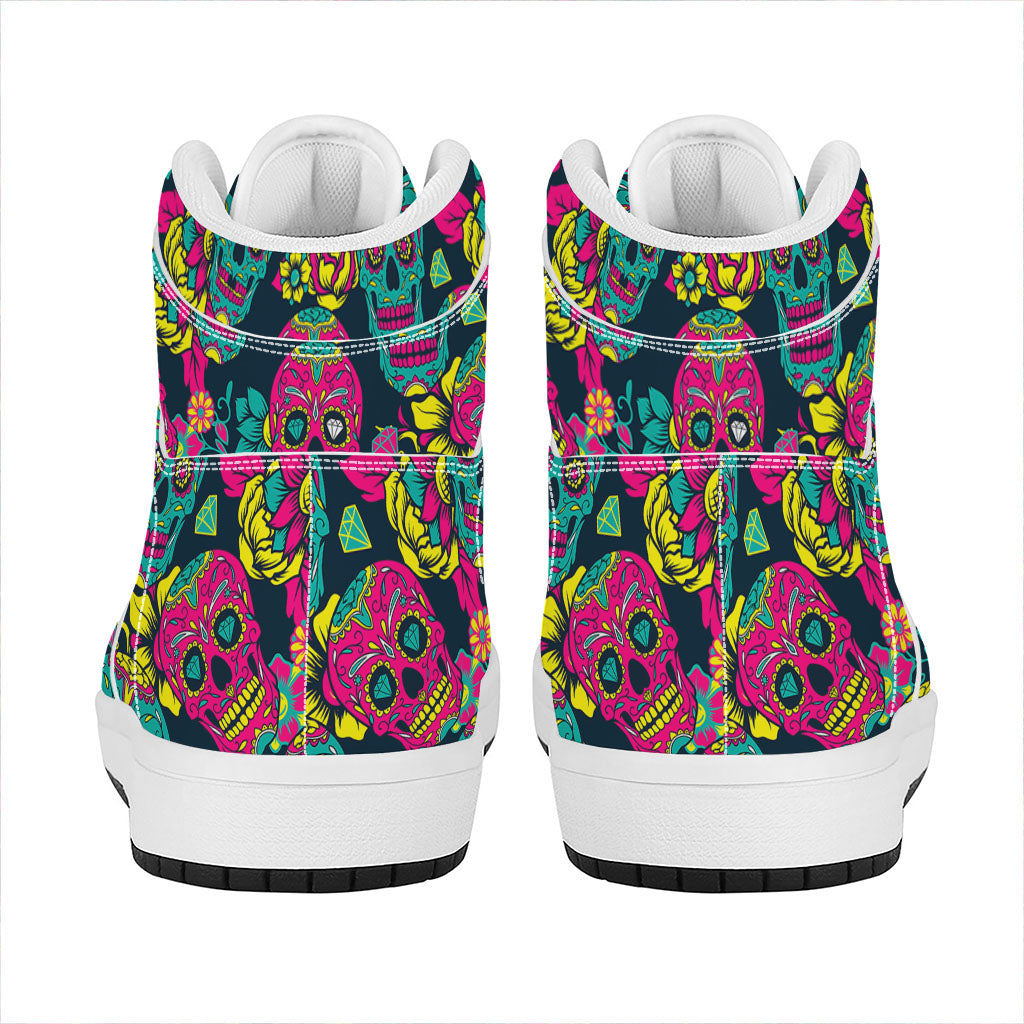 Teal Pink Sugar Skull Pattern Print High Top Leather Sneakers