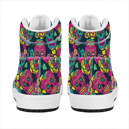 Teal Pink Sugar Skull Pattern Print High Top Leather Sneakers