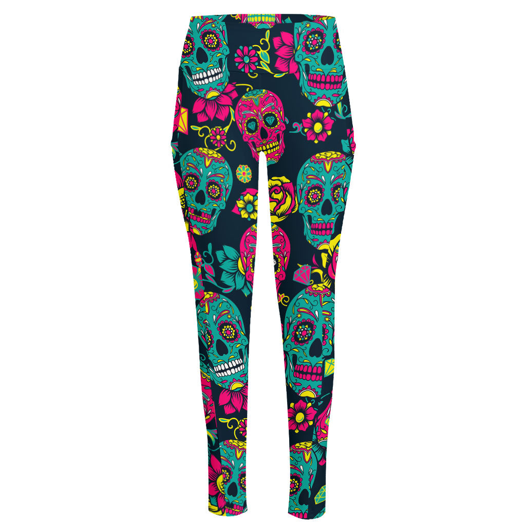 Teal Pink Sugar Skull Pattern Print High-Waisted Pocket Leggings