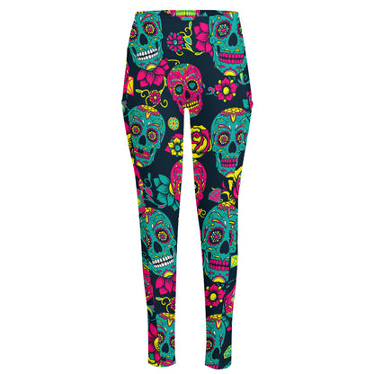 Teal Pink Sugar Skull Pattern Print High-Waisted Pocket Leggings