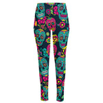Teal Pink Sugar Skull Pattern Print High-Waisted Pocket Leggings