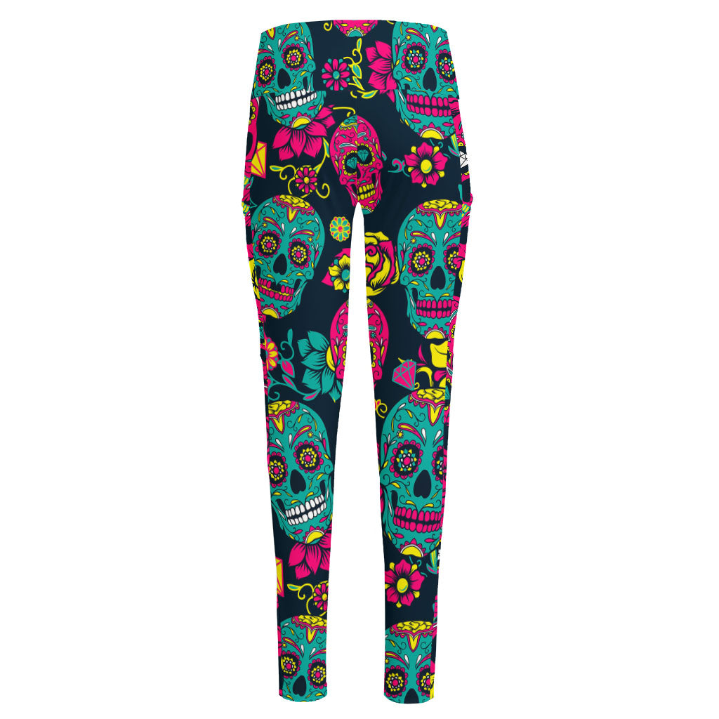 Teal Pink Sugar Skull Pattern Print High-Waisted Pocket Leggings