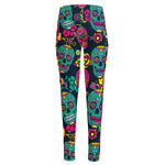 Teal Pink Sugar Skull Pattern Print High-Waisted Pocket Leggings