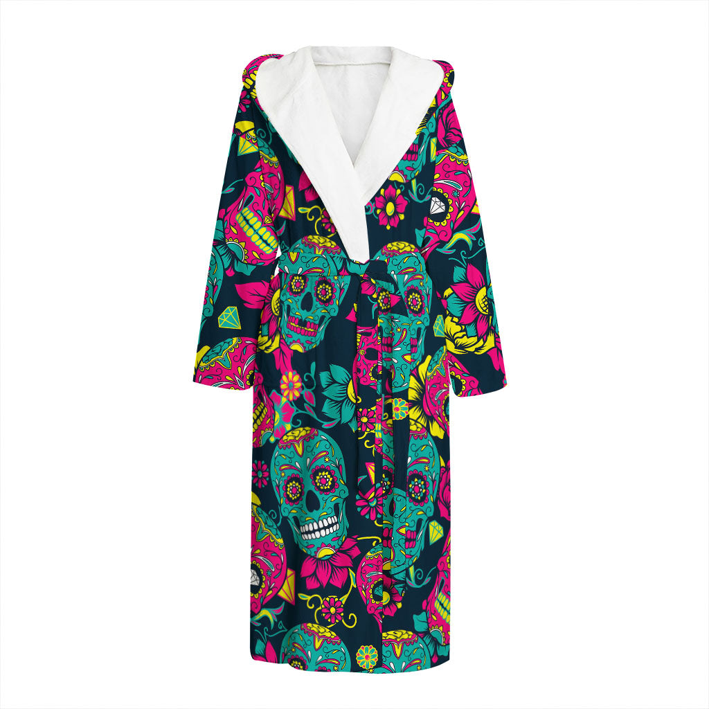 Teal Pink Sugar Skull Pattern Print Hooded Bathrobe