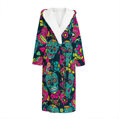 Teal Pink Sugar Skull Pattern Print Hooded Bathrobe