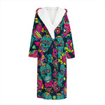Teal Pink Sugar Skull Pattern Print Hooded Bathrobe