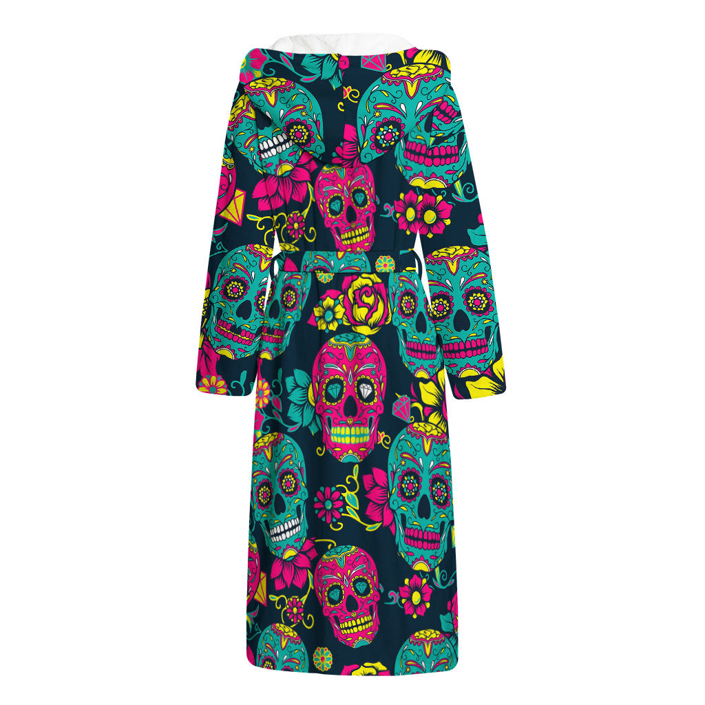 Teal Pink Sugar Skull Pattern Print Hooded Bathrobe